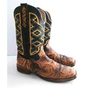 VTG Texas Boot Ranch Hand Tooled Leather Embroidered Shaft Made Mexico US 10.5